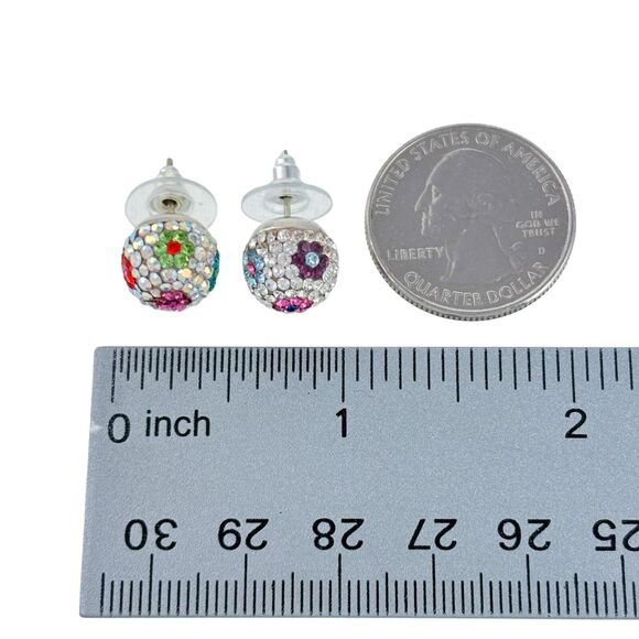 Vintage Sterling Silver Multicolor Pave Crystal Flower Motif Ball Stud Earrings - Picture 4 of 4